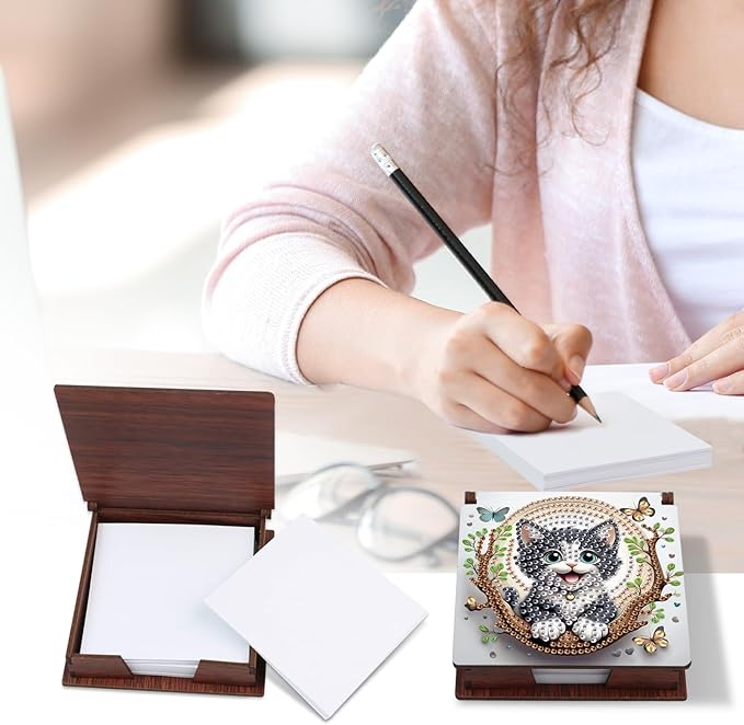 Cat Diamond Painting Kit Note Box,Memo Paper Storage Box Diamond Art,Sticky Note Holder Diamond Art,Diamond Painting Memo Pad For Office Desk. (Cat)