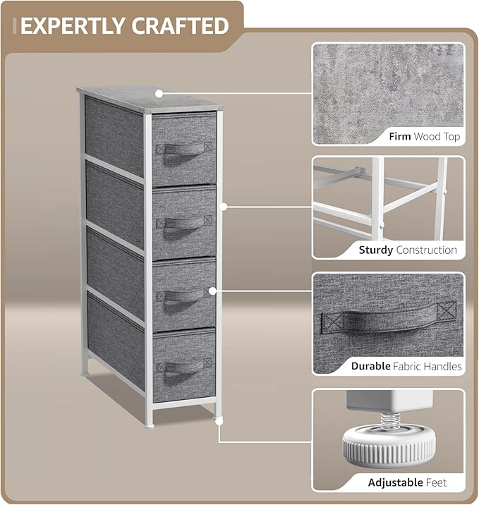 Sorbus Narrow Dresser with 4 Drawers - Vertical Slim Storage Chest of Drawers with Steel Frame, Wood Top & Easy Pull Fabric Bins for Small Spaces, Closets, Bedroom, Bathroom & Laundry (Gray)