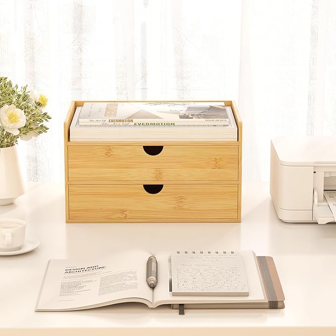 Desk Organizer with Drawers - Bamboo Desktop Organizer Storage | Wood Desk Drawers Organizer for Bills, Office Supplies, Cosmetics, Seals No Assembly Required (2 Drawer)