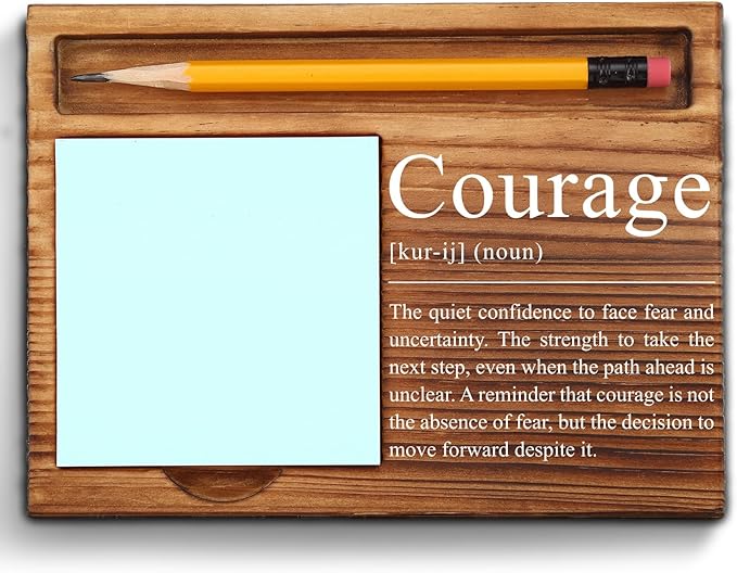 Courage Definition Sticky Note Holder, Inspirational Wooden Desk Gift with Motivational Quote, Encouragement Office Decor for Women, Men, Graduates, Coworkers, Motivational Note Pad Holder ZSS96