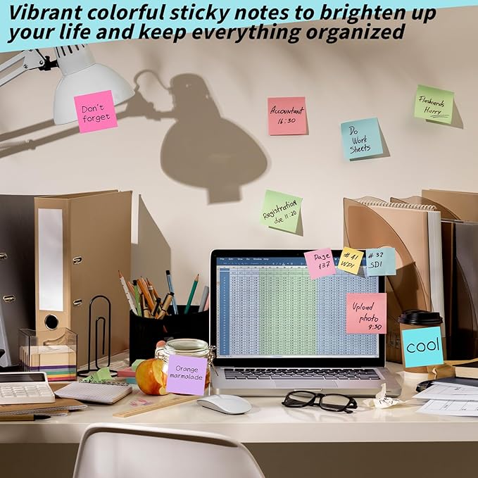 100 Pack Sticky Notes Bulk 3 x 3 in Self-Stick Note Pads Colorful Posted Note in 20 Colors Adhesive Paper Memo 50 Sheets/Pad Easy to Post for Office Home School Meetings Notebook Wall Door Window