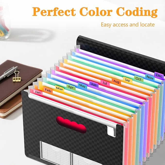 4 Pack Waterproof Accordion File Organizer, 13 Pockets Expanding File Folder with Colored Blank Tabs, Suitable for Students and Office Workers to Manage and Store Documents（Black）