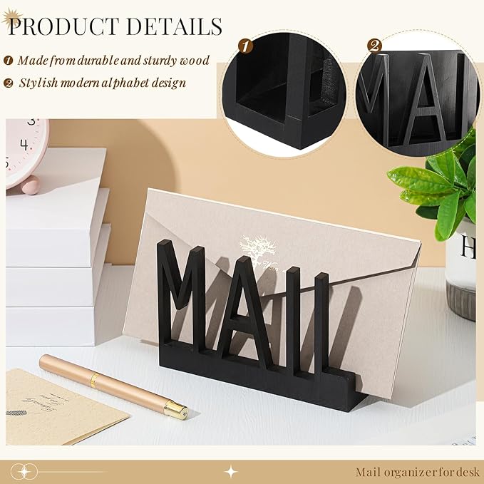 Mail Organizer Holder Organizer Countertop Modern Wooden Black Letter Holder with Cutout Lettering Design Outgoing Mail Holders for Office Desktop Envelope and Document Storage Rack