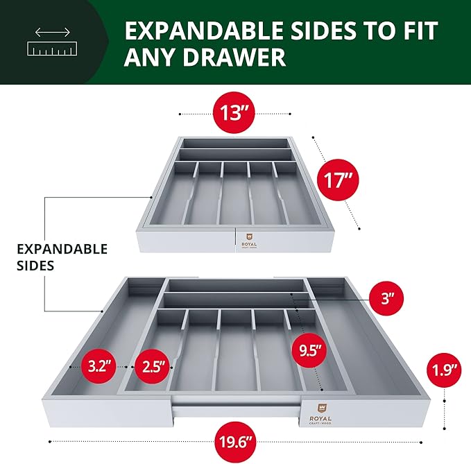 ROYAL CRAFT WOOD Luxury Bamboo Kitchen Drawer Organizer - Silverware Organizer - Utensil Holder and Cutlery Tray with Grooved Drawer Dividers for Flatware and Kitchen Utensils (9 Slot, Gray)