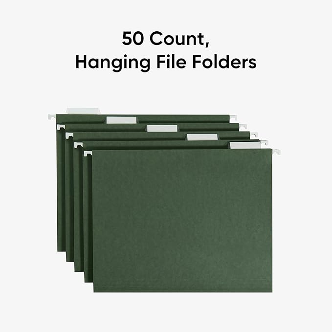 Smead Hanging File Folder, 1/5-Cut Adjustable Tab, Letter Size, Standard Green, Hanging Folders for Filing Cabinets, File Organizer Folder (50)