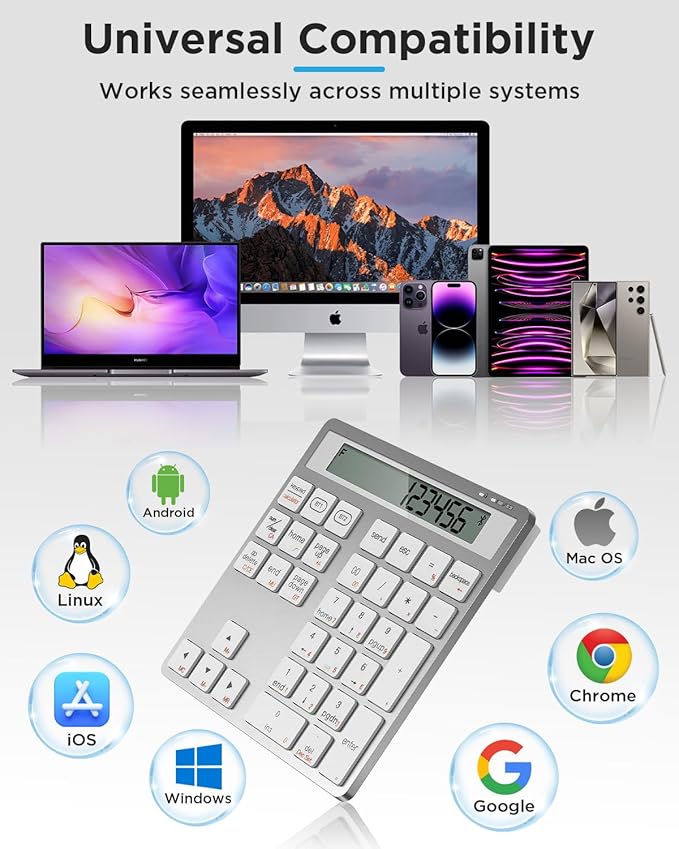 Rechargeable Wireless Number Pad for Laptop, 34 Keys Numeric Keypad with Dual Bluetooth & Display, 2-in-1 Numpad and Calculator, Slim Portable Number Pad Keyboard for Windows, Mac, PC, Tablet