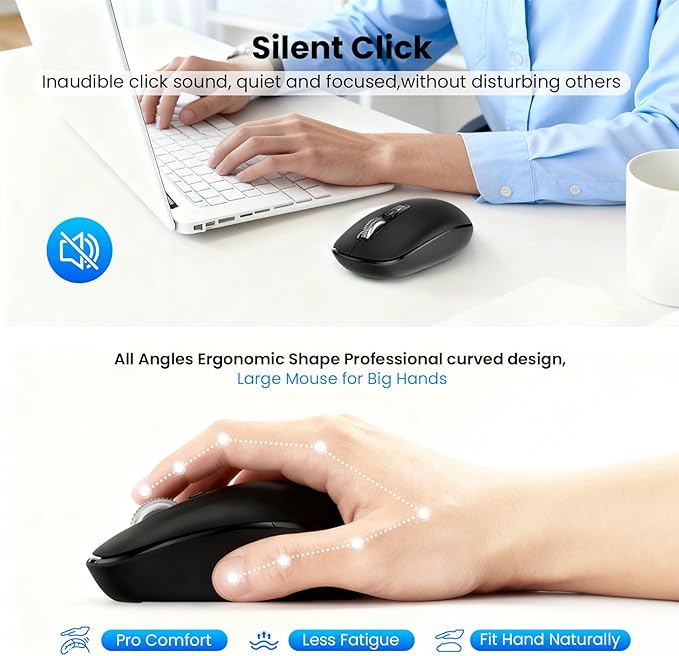 Wireless Bluetooth Silent Mouse for Laptop Mac, Multi-Device One-Click Switch, 4-Way High-Speed Metal Rollers, Adjustable DPI, Full-Size Ergonomic for Computer, iPad, Tablet, MacBook