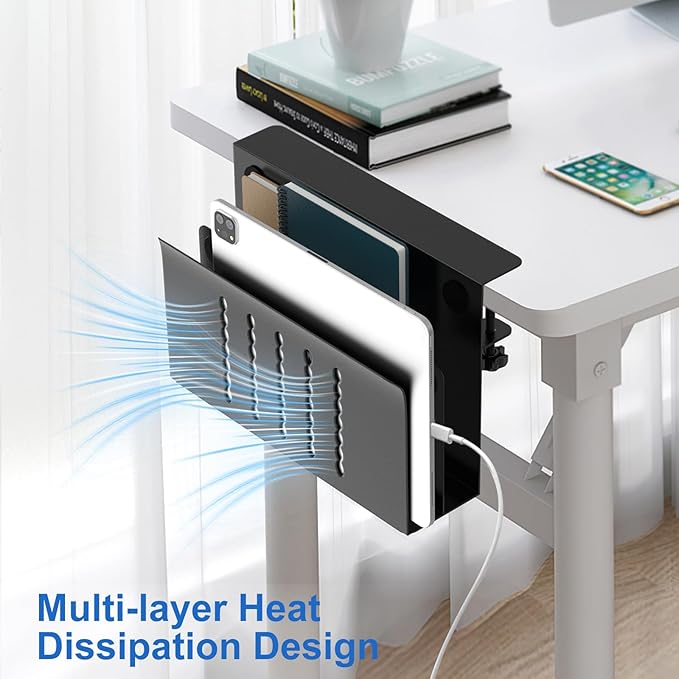 HAMOPY Desk Side Storage, 2 Tier Steel Hanging Desk Organizer with Magnetic Pen Holder, No Drilling Standing Desk Drawer Cable Management Tray, Under Desk Laptop Holder for Office, School&Home (Black)