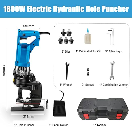 1600W 110V Electric Hydraulic Hole Puncher Φ0.33-0.81" Punching Machine Hydraulic Hole Punching Tool with 5 Sets Dies for Steel Plate Iron Plate Copper Aluminum Plate Angle Steel