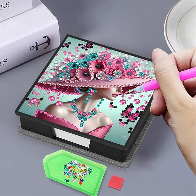 Woman Diamond Painting Kit Note Box,Hat Memo Paper Storage Box Diamond Art,Sticky Note Holder Diamond Art,Diamond Painting Memo Pad For Office Desk. (Woman)