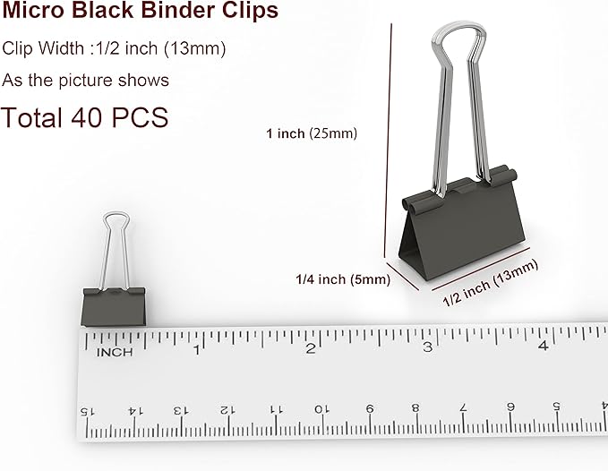 nctinystore Micro Black Binder Clips Micro Metal Clamp 1/2 inch Width (Black, 40 PCS) Micro Size (Clip Horizontal Width 1/2inch).