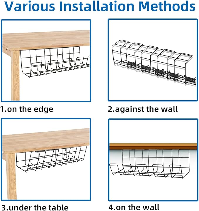 3 Pack Under Desk Cable Management Tray Metal Cord Cable Management Under Desk for Office Studio and Home Easy Install Pre-drilled Wire Organizer