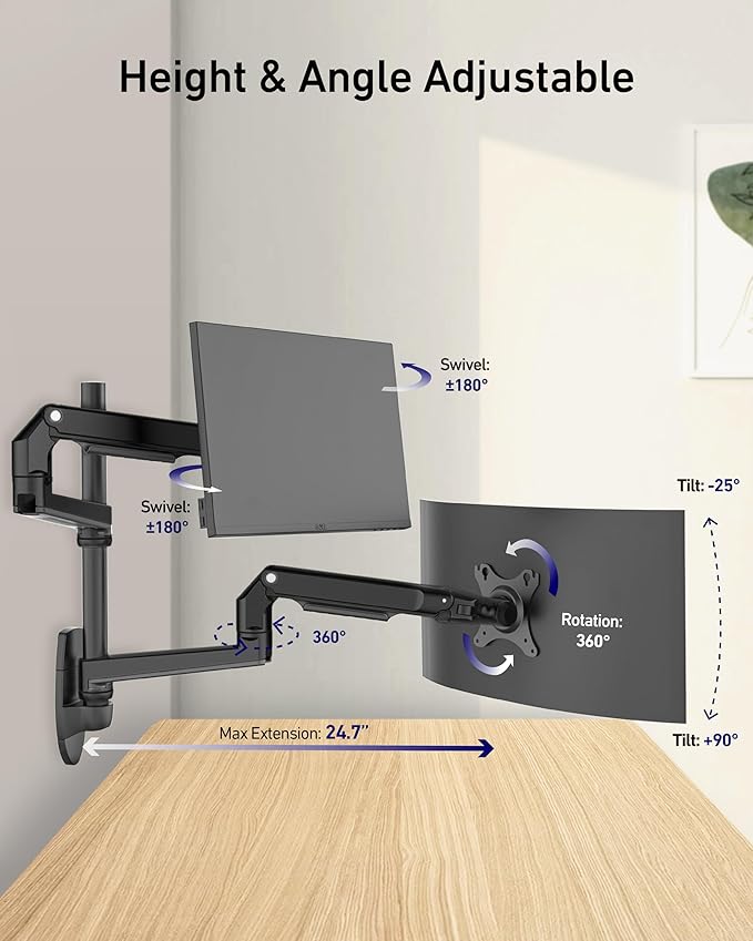 Dual Monitor Wall Mount for Flat or Curved Screens up to 38" Within 25 lbs, Adjustable Monitor Arm with Cable Management, VESA 75x75/100x100mm Monitor Mount for 2 Monitors, Black