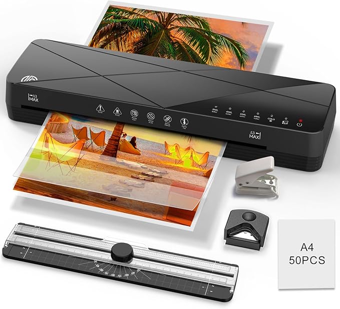 Crenova Laminator Machine 13 inch, Laminating Machine with 50 Laminating Sheets 60s Quick Warm Up Auto-Off, 6 in1 Lamination Machine ABS Jam Free for Home Office School, Black