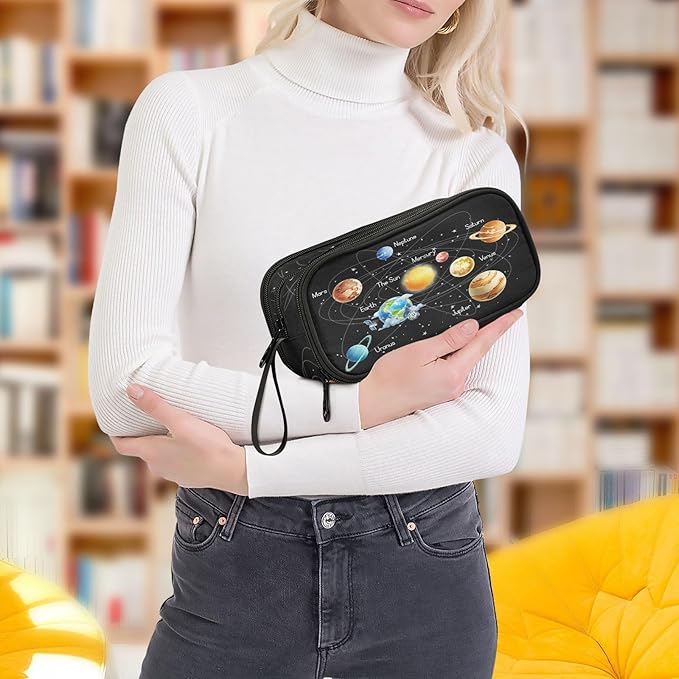 Solar System Space Planets Pencil Case Box Boys Girls Large Pencil Pouch with Zipper Compartments Big Capacity Stationery Pen Bag Organizer for Kids Teens Adults School