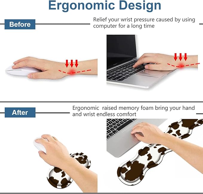 Ergonomic Keyboard Wrist Rest & Mouse Pad Wrist Rest Set, Large XXL Gaming Desk Mat 31.5"x 11.8" with Memory Foam, Easy Typing Pain Relief for Office & Home, Cow Print