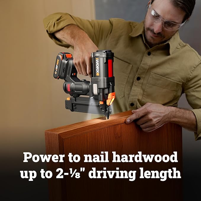 WORX Brad Nailer Cordless, 20V 18 ga Brushless Nail Gun Cordless, High Driving Power, Up to 2-⅛" into Hardwood, Narrow Nose, 3 LEDs, 3000 Nails & 20V 2.0 Ah Battery and Charger Included, PowerShare