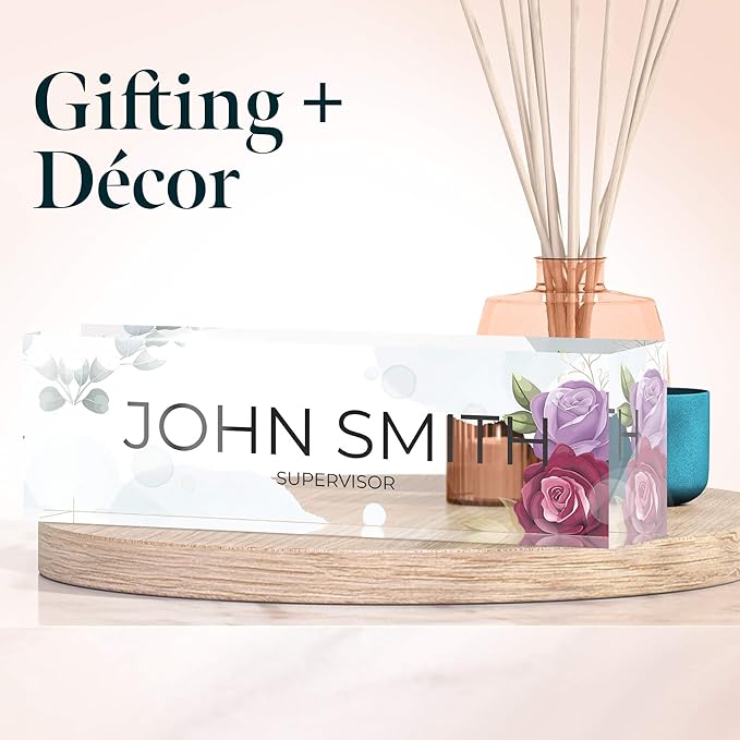 Desk Name Plate Personalized, Custom Name Plates 2½/x8 Inches, Thick Crystal-Clear Acrylic, Gift Box, Office Desk Decor. USA Made by ACRYLUXE (Flower)
