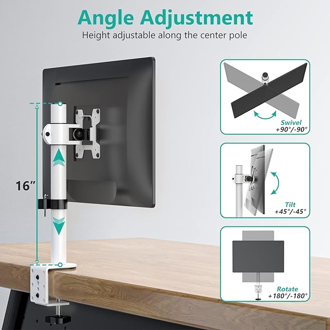 WALI Single Monitor Mount for 1 Computer Screen up to 32 inch, Fully Adjustable Monitor Arm Holds up to 22 lbs (M001S-W), White
