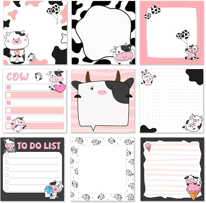9 Pads Cow Sticky Notes 3x3 Inch Cute Self Stick Notepads Notes Adhesive Memo Pad Office Decor Gifts for Students School Teacher Meeting Office Supplies