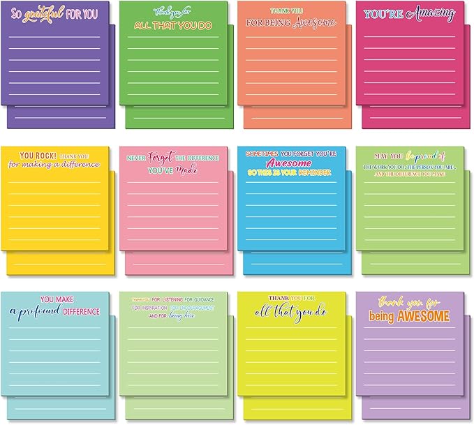 Yinder 24 Pcs Employee Appreciation Sticky Notes New Year Gift Bulk Motivation Sticky Note Pads Inspirational Gift for Teacher Nurse Staff Coworker Office Supply 3 x 3'' (Appreciation,Dark Color)