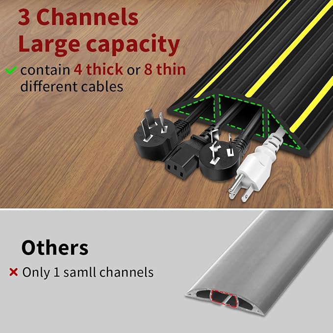 Floor Cord Cover, 10ft Cord Covers for Wires on Floor, Extension Outdoor Cable Cover Protector, Heavy Duty PVC Duct, 3 Channels Cord Hider Floor Cable Management, Black