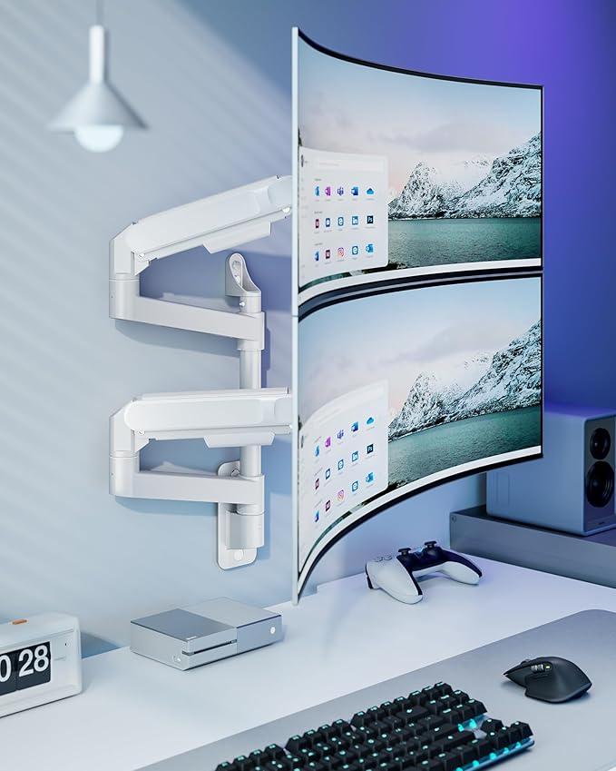 ARES WING Dual Monitor Wall Mount for 24-57 Inch Ultrawide Screens, Premium Heavy Duty Monitor Arm Holds 60 lbs, Full Motion Gas Spring, Bearing Head for Easy Adjustment, 75/100 VESA Mount, White