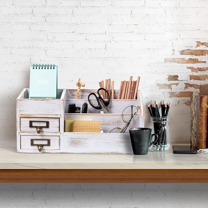 Distressed Rustic Wooden Office Desktop Organizer Shelf Tabletop Home Organizer Storage with Multiple Compartments 2 Tier Drawers perfect Jewelry storage Display Box for Desk Vanity (Washed white)