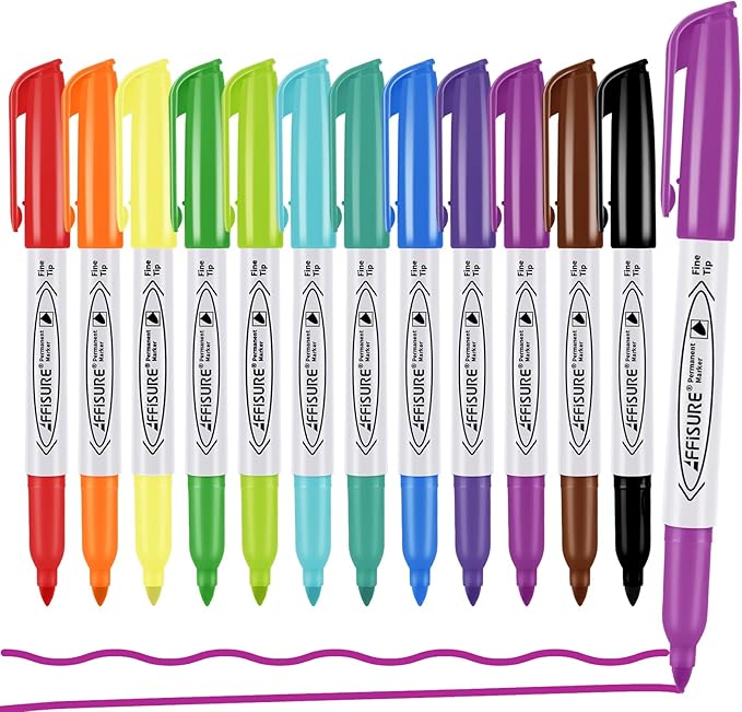 Affisure Permanent Markers Assorted Colors Set, 12 Colored Markers 12 Pack, Fine Point，Works on Wood, Plastic, Metal, and More, for Adults, Artist, Teacher, Kids