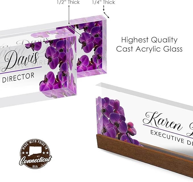 Artblox Personalized Office Desk Name Plate and Business Card Holder | Clear Acrylic Glass with Teak Wood Stand | Purple Orchids Design Customized with Your Name and Credentials Office Desk Decor