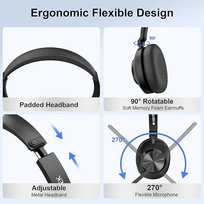 Voistek Bluetooth Headset with Microphone, Wireless Headset with Noise Cancelling Mic, USB A/C Dongle, Mic Mute Button, 45+ Hours Battery for Work, Office, Calls, Windows, MacOS, Android, iOS