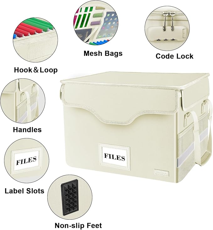 DocSafe Fireproof Document Box with Lock,File Storage Organizer with Zipper Pockets,Collapsible Portable File Box Home Office Safe Filing Cabinet with Handle for Hanging Letter/Legal Folders,Beige