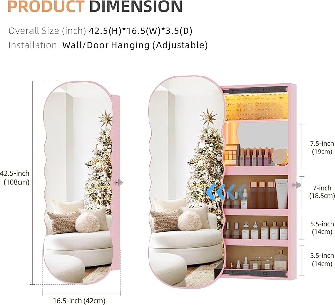 Lvifur Jewelry Armoires with LED Lights, Hanging Jewelry Storage Cabinet Lockable Wavy Mirror Jewelry Organizer, Lockable Frameless Mirror with Storage, LED Jewelry Cabinet Wall/Door Mounted(White)