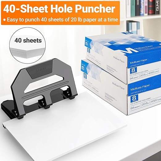 AFMAT Heavy Duty 3 Hole Puncher, 40-Sheet Paper Punch Heavy Duty, 50% Reduced Effort Three Hole Punch, 10K+ Uses, Metal Hole Puncher 3 Ring w/Large Tray, Bulit-in S.S. Paper Guide HPX2(Black)