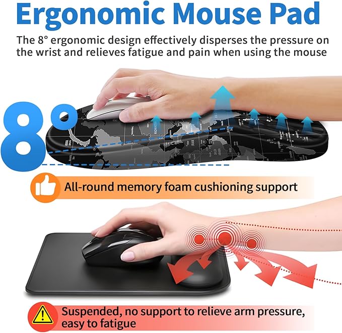 YIWEI Ergonomic Mouse Pad with Wrist Rest - Comfortable Office Mousepad with Memory Foam Wrist Support for Carpal Tunnel Relief, Mouse Pads with Non-Slip Base for Gaming and Home (World Map)