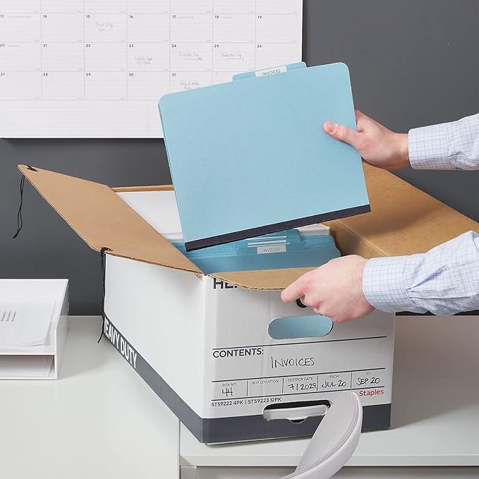 STAPLES Storage & Filing Box, Heavy-Duty with Handles & String-Button Lid, Letter Size Documents, Stackable, 4-Pack, White/Gray