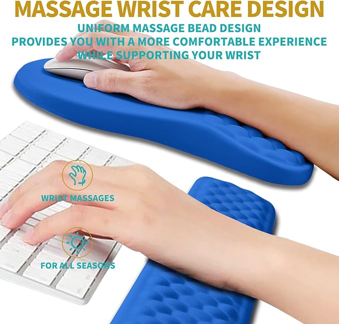 Hokafenle 2 in 1 Ergonomic Mouse Pad Wrist Support & Wrist Rest for Computer Keyboard Set, with Relieve Carpal Tunnel Pain Massage Bulge and Full Memory Gel Design (2In1 Set, Dg Blue)