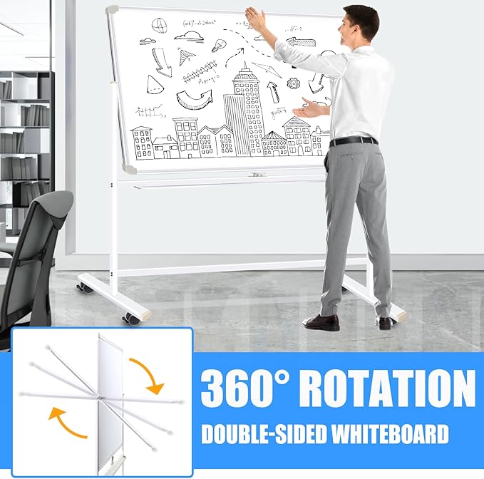 Dry Erase Board with Stand - 48x36 Inches Double-Sided Mobile Whiteboard with Stand, Large White Board on Wheels for Meeting, Training, Rolling Magnetic Whiteboard for Home Office Classroom School