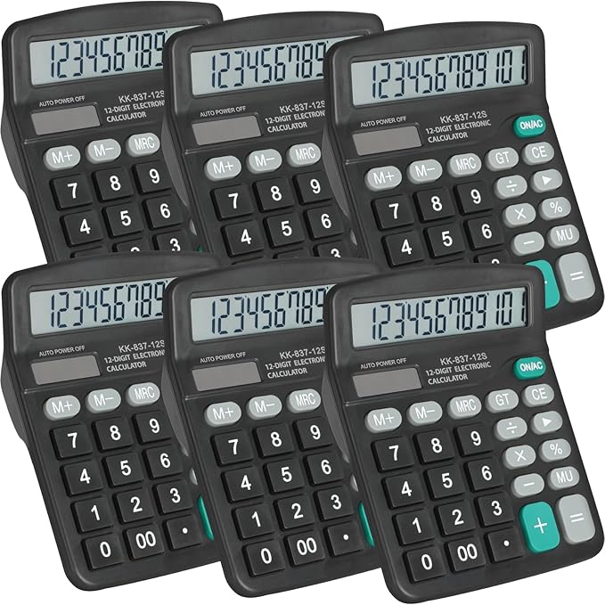 6 Pack Calculator Bulk, 12 Digits Calculators Desktop with Large LCD Display and Sensitive Butto, Solar and Battery Dual Power, Desk Calculator for Office, School, Home