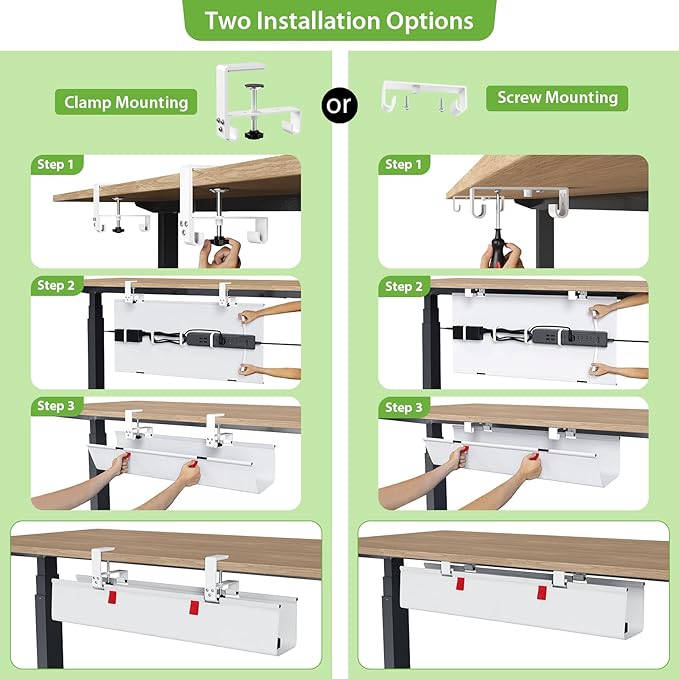 KEEGH No Drill Under Desk Cable Management Tray - 28" Cord Management Under Desk - Clamp/Screw Mount - Support Upto 70lbs - Fabric Wire Management - Gaming/PC Cable Raceways for Office/Home, White