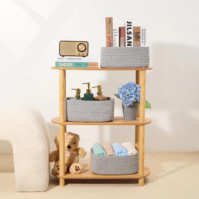 Small Storage Baskets for Organizing | Closet Organizer Bins | Shelf Toy Basket | Woven Rope Baskets | Cube Decorative Box | Shallow Basket | 11.5x7.5x4.7” | 4 Packs Mixed Grey