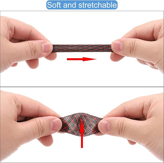 100ft PET Expandable Wire Loom 3/8 Inch, PET Braided Wire Sleeving Cable Management Sleeve Tubing [for Audio Video Home Office Cord Protector]-Black, Red