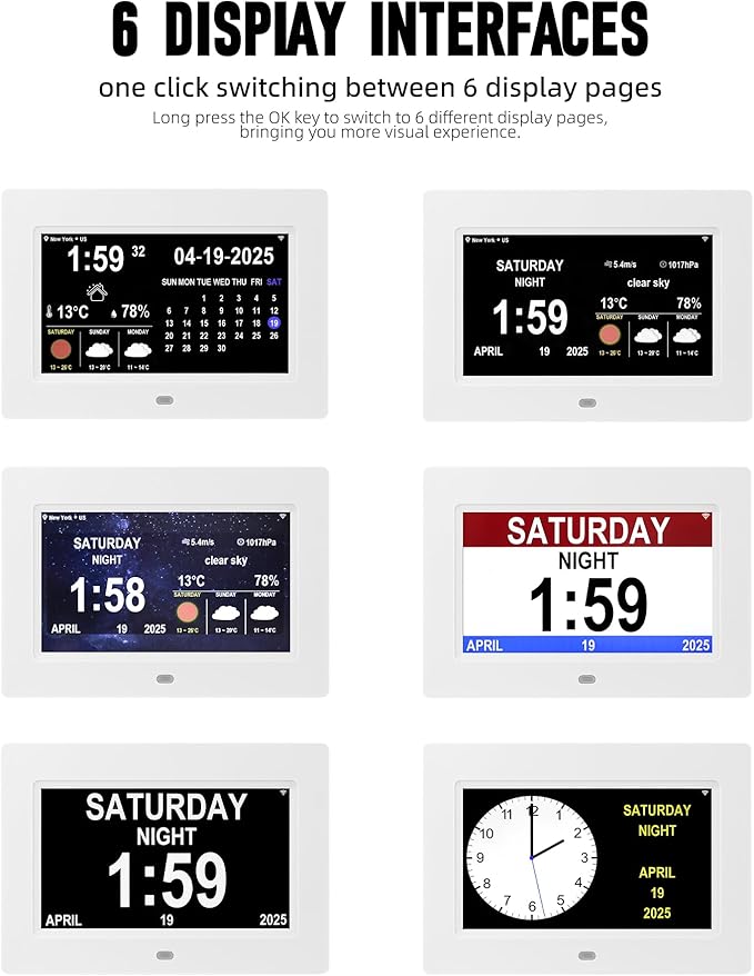 Digital Alarm Clock, Multiple Alarm Functions, Clock with Date and Week, Digital Alarm and Electronic Calendar for Seniors (White, 7inch WiFi)