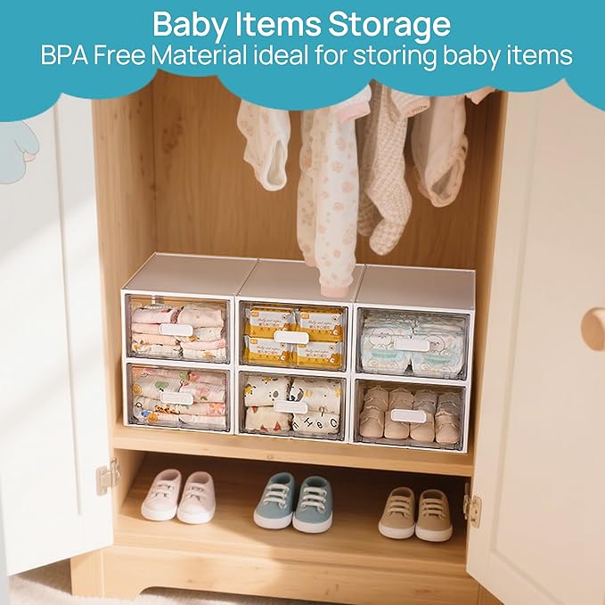 Vtopmart 4 Pack 18QT White Stackable Storage Drawers,Easily Assemble Closet Organizers,Plastic Storage Bins for Bathroom,Cabinet,Kitchen Pantry,Under Sink Organization(Medium)