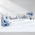 Desk Name Plate Personalized, Custom Name Plates for Desks, Office Desk Decor, Flowers Clear Acrylic Glass Block, Personalized Office Gifts for Women Men Boss Teachers Coworkers Appreciation Gifts