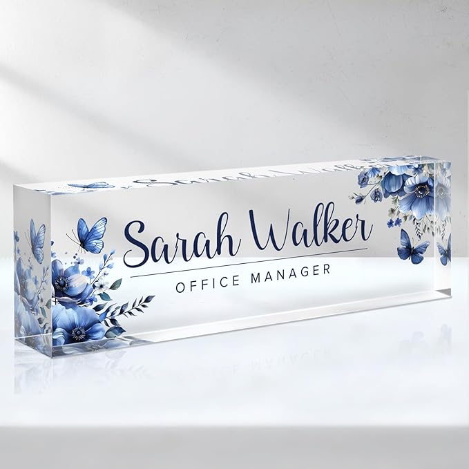 Desk Name Plate Personalized, Custom Name Plates for Desks, Office Desk Decor, Flowers Clear Acrylic Glass Block, Personalized Office Gifts for Women Men Boss Teachers Coworkers Appreciation Gifts