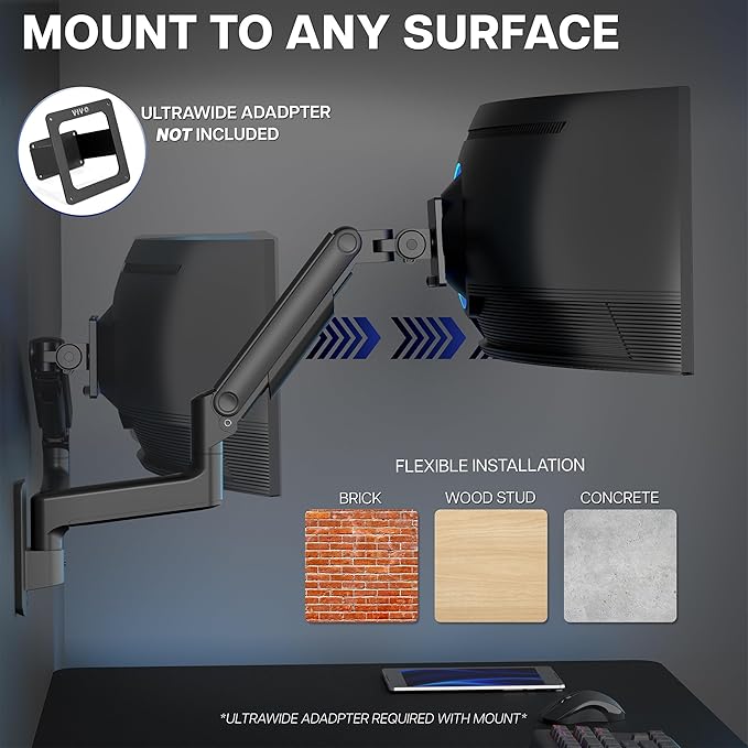 VIVO Premium Ultrawide Monitor Counterbalance Wall Mount for up to 49 inch Screens, Holds 44 lbs, Full Motion, Max VESA 100x100, Black, MOUNT-V101V