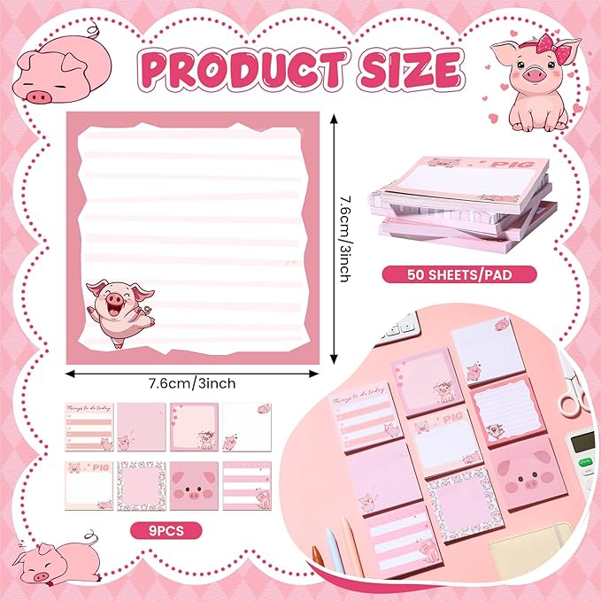 9 Pads Piggy Sticky Notes 3x3 Inch Cute Self Stick Notepads Notes Adhesive Memo Pad Office Decor Gifts for Students School Teacher Meeting Office Supplies
