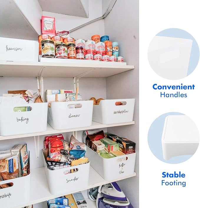 XL - 4 Pack White Plastic Storage Bins for Shelves, Closet Kitchen Storage Containers for Pantry Bathroom Office Organization Baskets, Cabinet Organizing Containers, White Organizer Bins for Shelves