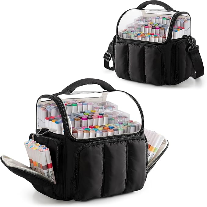 Puffy Marker Organizer Case for 210 Markers, Large Marker Storage Bag with Shoulder Strap for Adults, Artists, Teachers, Coloring Enthusiasts, Marker Holder Organizer, Black (Patented Design)